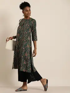 Taavi Ethnic Motifs Printed Pure Cotton A-Line Indigo Hand Block Print Kurta
