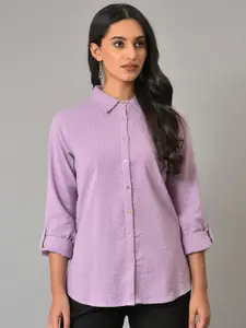 W Purple Roll-Up Sleeves Shirt Style Cotton Top