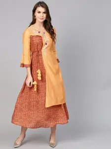Yufta Mustard Ethnic Motifs Printed Layered Pure Cotton A-Line Midi Dress