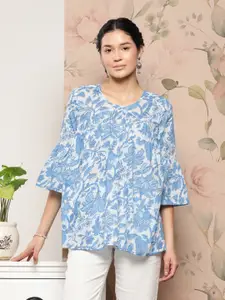Janasya Floral Print Bell Sleeves Longline Top
