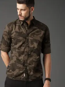 Roadster Men Olive Brown Camouflage Printed Sustainable Casual Shirt