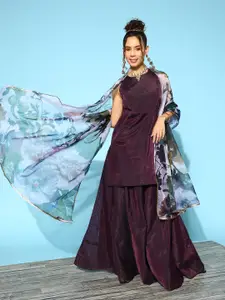 Inddus Women Purple Yoke Design Chanderi Cotton Kurti With Skirt & Dupatta