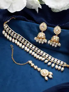 Jazz and Sizzle Gold-Plated Kundan Stone-Studded & Pearl Beaded Choker Necklace Set