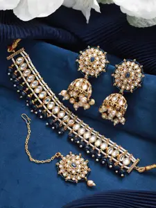Jazz and Sizzle Gold-Plated Kundan Stone-Studded & Pearl Beaded Choker Necklace Set