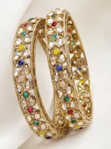 KARATCART Set Of 2 Gold-Plated & Kundan-Studded Antique  Bangles