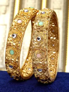KARATCART Set Of 2 Gold-Plated Kundan-Studded Bangles