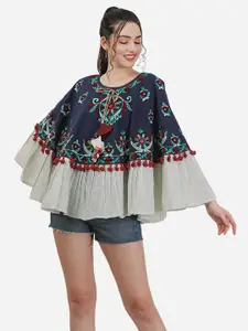 MESMORA FASHION Women Round Neck Floral Cotton Poncho with Embroidered Detail