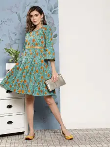 InWeave Floral Print Bell Sleeves Tiered A-Line Dress With Belt