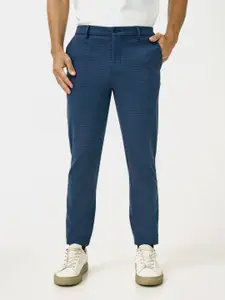 The Pant Project Navy Blue Checks Slim-Fit Wrinkle-Free Power-Stretch Knitted Trousers