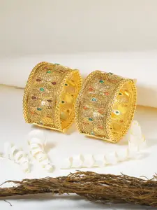 Adwitiya Collection Set Of 2 Gold-Plated Stone Studded Openable Geometric Bangle