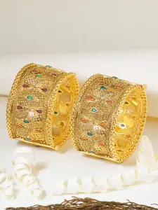 Adwitiya Collection Set Of 2 Gold-Plated Stone Studded Openable Geometric Bangle