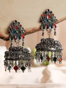 Jazz and Sizzle Silver Plated Dome Shaped Meenkari Jhumkas