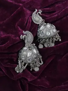 VAGHBHATT Silver Plated Peacock Shaped Kundan Studded Jhumkas Earrings