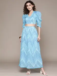 aarke Ritu Kumar Women Blue Printed Cotton Top with Skirt