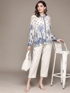 Label Ritu Kumar Off White & Blue Print Crepe Shirt Style Top