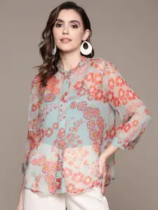 Label Ritu Kumar Floral Print Mandarin Collar Chiffon Shirt Style Top with Inner