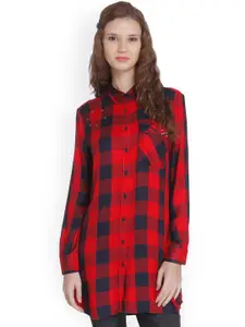 ONLY Women Red & Navy Blue Regular Fit Checked Casual Shirt