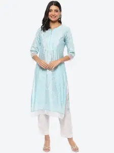 Biba Women Blue Ethnic Motifs Striped Thread Work Kurta
