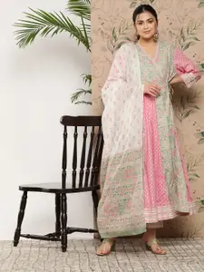 KALINI Floral Printed Angrakha Gotta Patti Pure Cotton Kurta With Dupatta