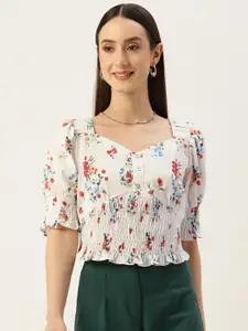 Madame Floral Print Sweetheart Neck Cinched Waist Crop Top