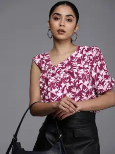 Allen Solly Woman Floral Print One Shoulder Puff Sleeve Top