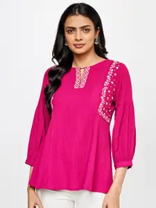 Global Desi Women Floral Embroidered Puff Sleeved A-Line Top