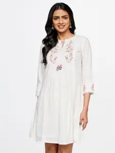 Global Desi Floral Embroidered Tie Up Neck Pure Cotton Dress