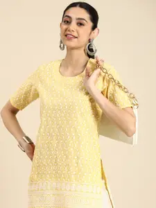 Anouk Ethnic Motifs Embroidered Chikankari Pure Cotton Short Kurti