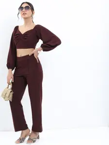 KETCH Women Sweetheart Neck Crop Top With Trouser Co-Ords Set