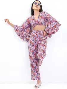 KETCH Floral Printed Flared Sleeves Crop Top with Trousers