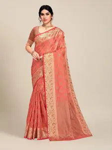 MS RETAIL Orange & Gold-Toned Woven Design Zari Pure Cotton Chanderi Saree