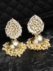 Shining Diva Gold-Plated Stone Studded & Beaded Dome Shaped Jhumkas
