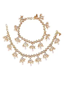 I Jewels Set Of 2 Gold-Plated Kundan Studded & Beaded Anklet