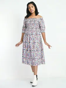 Bella Moda Floral Printed Off-Shoulder Midi Cotton Dress