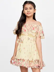 AND Girls Yellow Floral Off-Shoulder Mini Dress