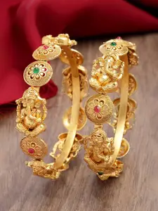 KARATCART Set Of 2 Gold-Plated Stone Studded Lord Ganesha Temple Bangles