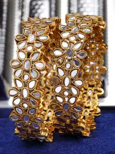 KARATCART Set Of 2 Gold-Plated Mirror Studded Antique Bangles