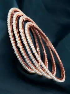 KARATCART Set Of 4 Rose Gold-Plated Pearl Studded Bangles