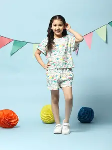 Biba Girls Off White & Purple Printed Top with Shorts