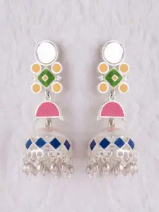 Voylla Bandhej Silver-Toned & Blue Dome-Shaped Jhumka Earrings
