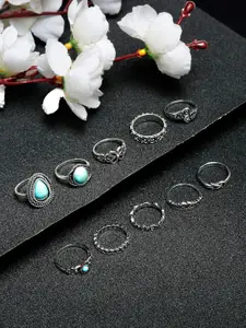 YouBella Set Of 10 Silver-Plated Stone Studded Finger Rings