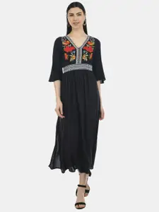 SAAKAA Floral Embroidered A-Line Midi Dress