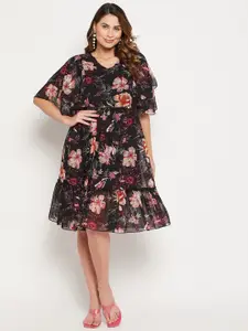 Bitterlime Floral Printed V Neck Fit & Flare Georgette Dress