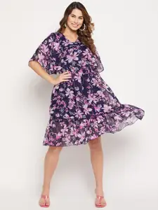 Bitterlime Floral Printed V Neck Fit &  Flare Georgette Dress