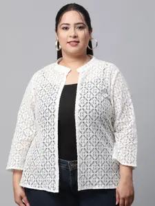 UnaOne Women Plus Size Self Design Lace Cotton Open Front Shrug