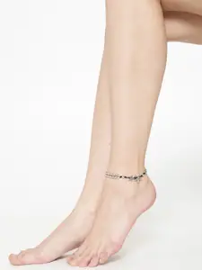 OOMPH Silver-Toned & Black Beaded Anklet