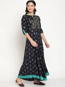 Be Indi Rayon Embroidered and Printed Keyhole Neck Maxi Dress
