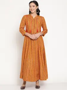 Be Indi Rayon Embroidered and Ethnic Motifs Printed Mandarin Collar Maxi Dress