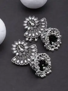 Anouk Silver-Plated Stone Studded Peacock Jhumkas Earrings