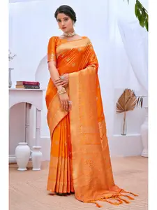 SANGAM PRINTS Orange & Gold-Toned Ethnic Motifs Zari Silk Blend Banarasi Saree